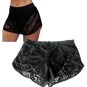 Black Crochet Swimming SHORTS Hollow Out Lace Over SWIM BOTTOM LG Women's NWOT